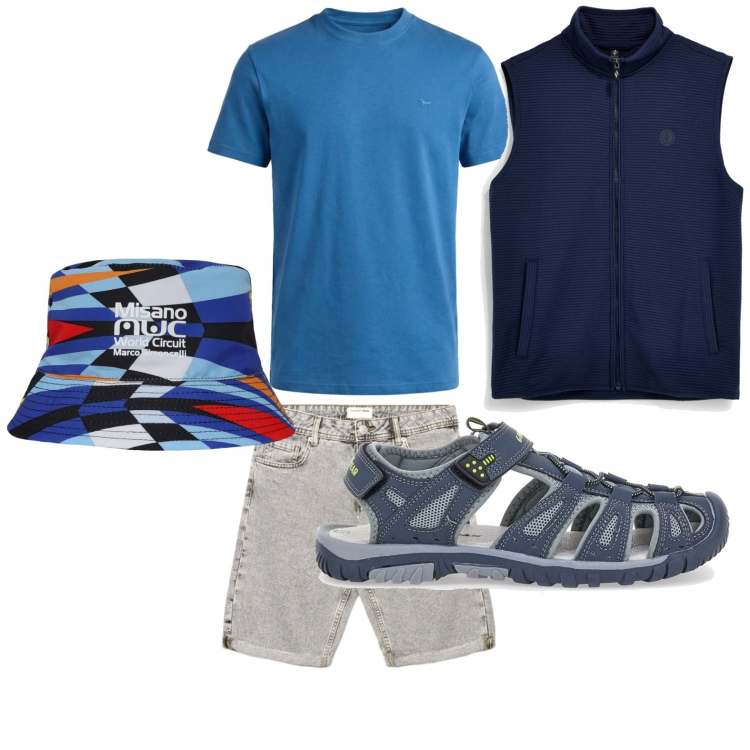 Outfit uomo - Accento vivace. Stile Casual per Tutti i giorni. Abbinamento con cappelli, shorts, t-shirt, sandali, gilet.