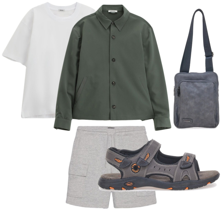 Outfit uomo - Insieme armonioso. Stile Casual per Tutti i giorni. Abbinamento con bermuda, t-shirt, cappotti, portafogli, sandali.