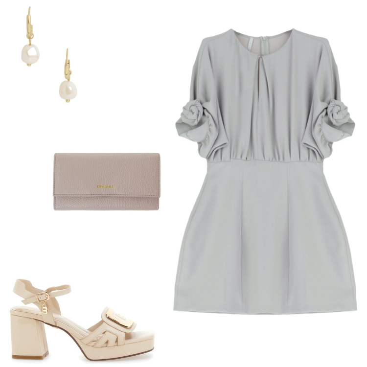 Outfit donna - Una sera di giugno. Stile Glamour per Serata fuori. Abbinamento con vestiti corti, portafogli, orecchini, sandali col tacco.