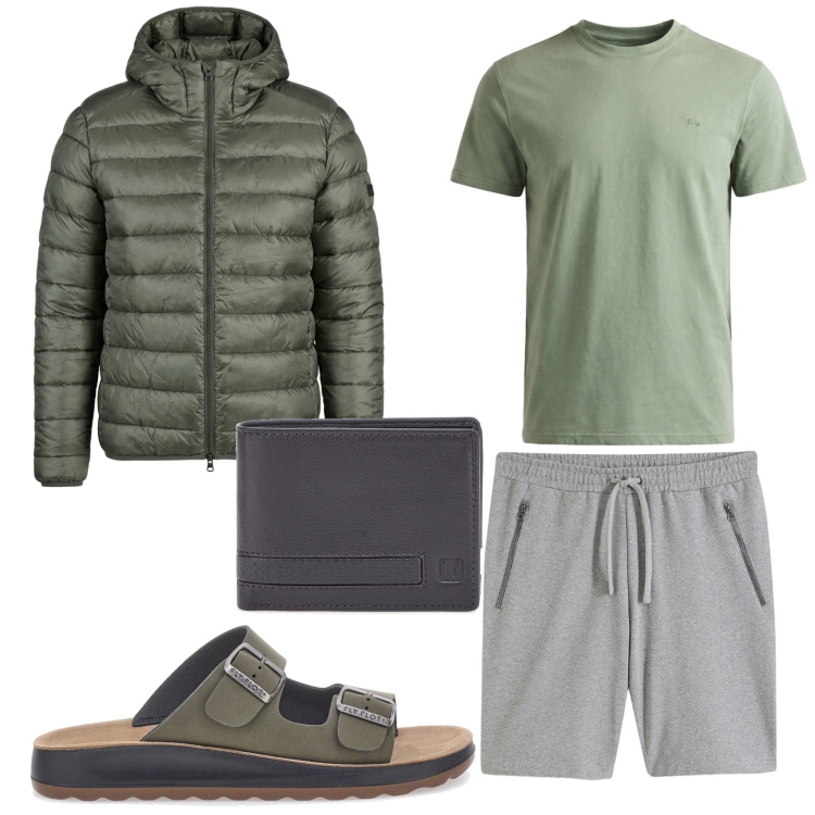 Outfit uomo - Elementi pratici. Stile Trendy per Tutti i giorni. Abbinamento con bermuda, t-shirt, giacche, portafogli, sandali.