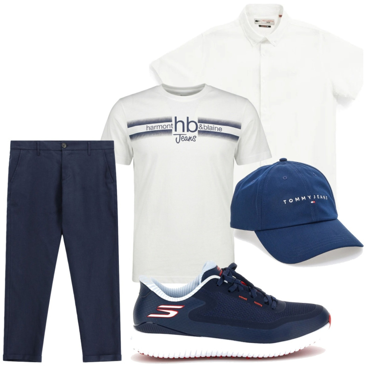 Outfit uomo - Tocco sportivo. Stile Trendy per Tutti i giorni. Abbinamento con pantaloni, t-shirt, cappelli con visiera, camicie a manica corta, sneakers.
