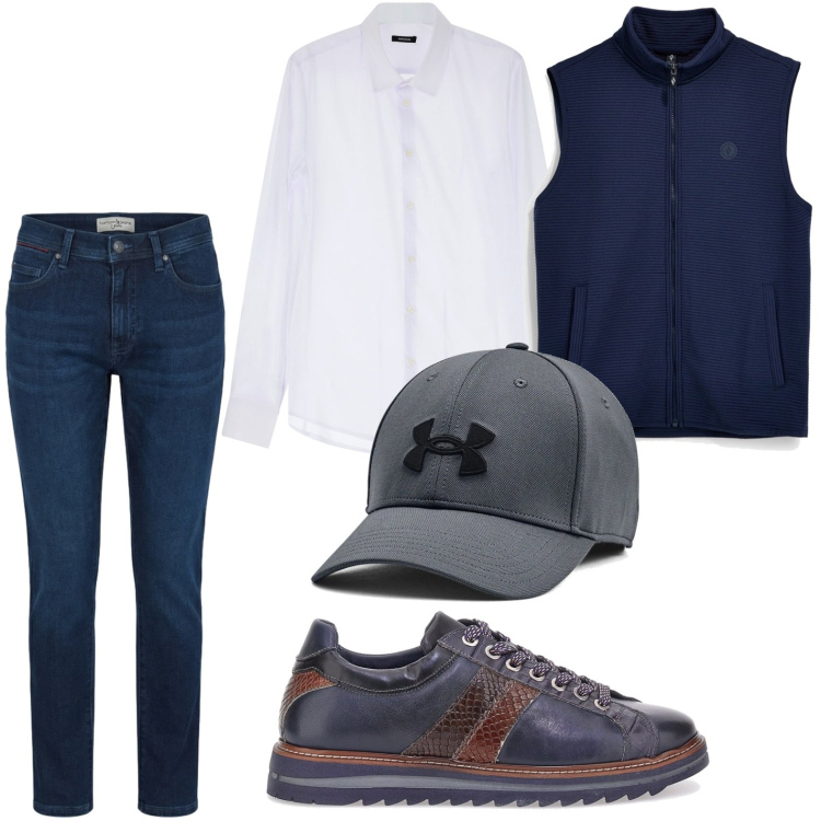 Outfit uomo - Tonalità neutra. Stile Casual per Tutti i giorni. Abbinamento con camicie, jeans slim fit, cappelli, scarpe stringate, gilet.