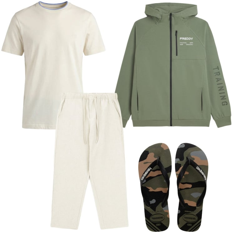 Outfit uomo - Tocco militare. Stile Trendy per Tutti i giorni. Abbinamento con pantaloni, t-shirt, felpe con cappuccio, sandali.