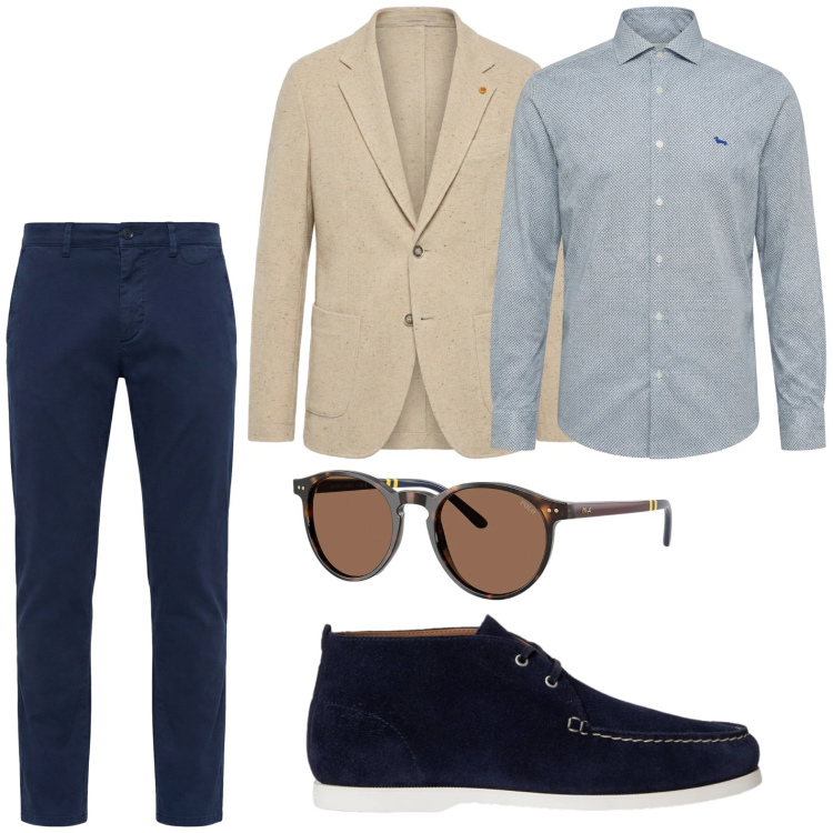 Outfit uomo - Eleganza discreta. Stile Casual per Tutti i giorni. Abbinamento con camicie, pantaloni chino, giacche, occhiali da sole, scarpe stringate.