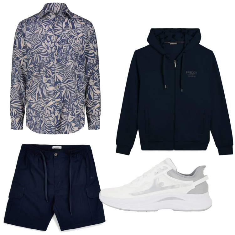 Outfit uomo - Effetto a strati. Stile Casual per Tutti i giorni. Abbinamento con felpe con cappuccio, sneakers, camicie, shorts.
