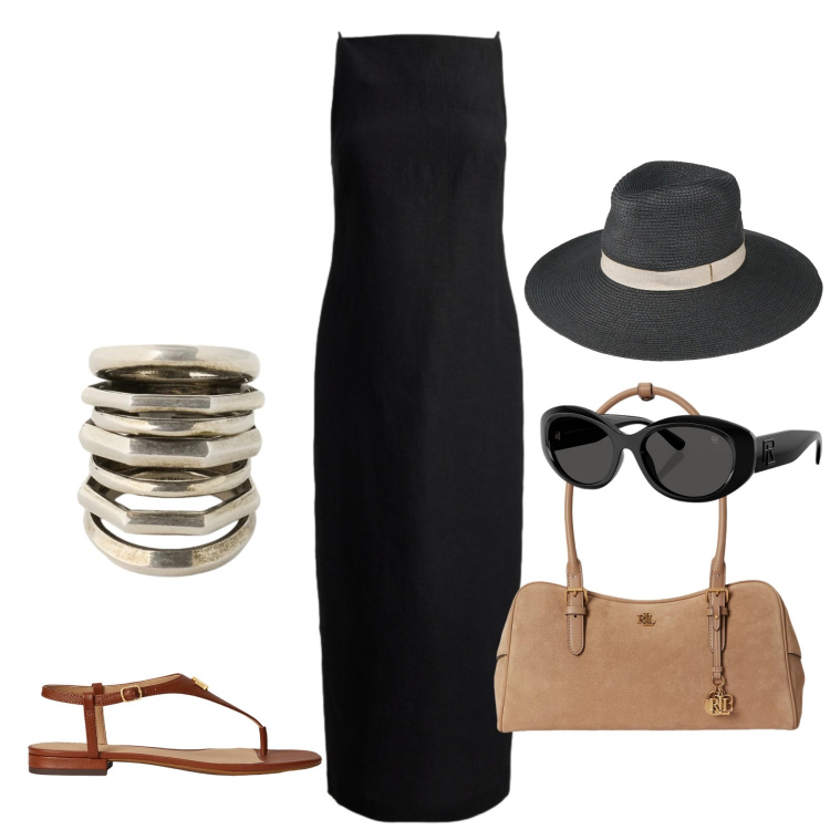 Outfit donna - Lino e leggerezza. Stile Chic per Tutti i giorni. Abbinamento con cappelli, vestiti, occhiali da sole, sandali in pelle, borse a mano, anelli.