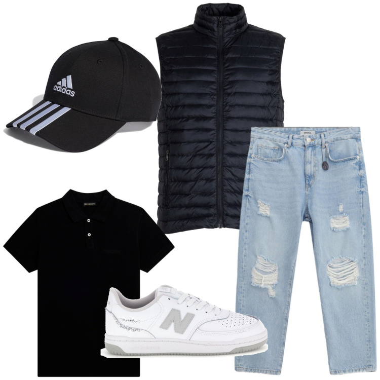 Outfit uomo - T-shirt basic. Stile Trendy per Tutti i giorni. Abbinamento con jeans strappati, polo, piumini, cappelli con visiera, sneakers.