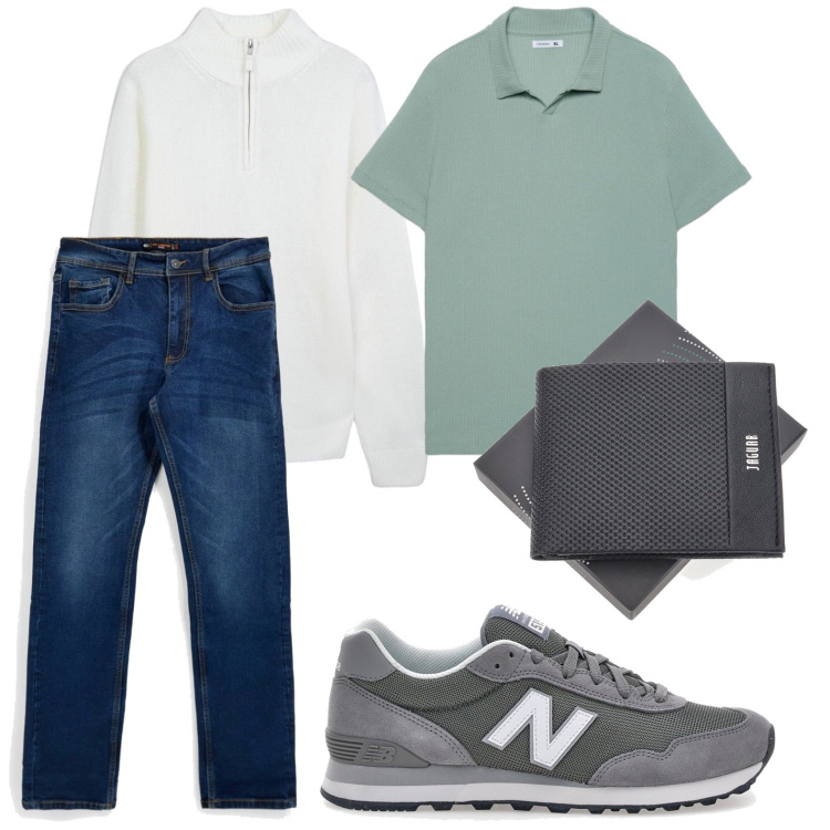 Outfit uomo - Effetto ricercato. Stile Casual per Tutti i giorni. Abbinamento con maglieria, polo, portafogli, sneakers, jeans.