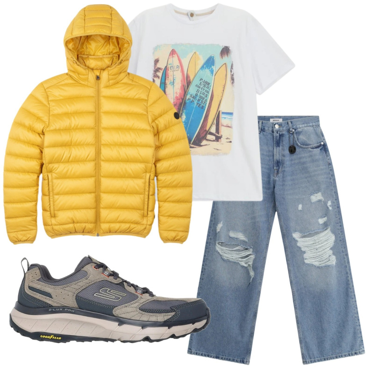 Outfit uomo - Colore deciso. Stile Trendy per Tutti i giorni. Abbinamento con jeans strappati, t-shirt, bomber, sneakers.