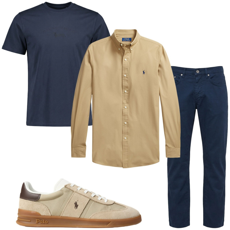 Outfit uomo - Camicia classica. Stile Trendy per Ufficio. Abbinamento con t-shirt, pantaloni, camicie, sneakers.