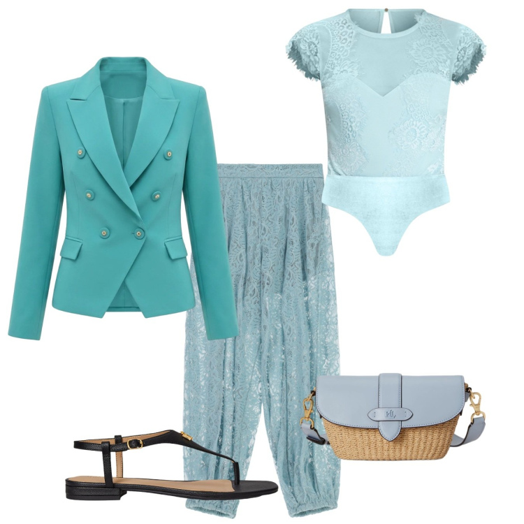 Outfit donna - Seafoam Blue. Stile Chic per Cerimonia. Abbinamento con top, blazer, pantaloni a palazzo, sandali in pelle, borse a spalla.