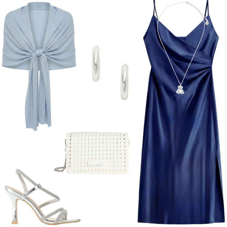 Outfit donna - L\'abito basic e elegante. Stile Glamour per Serata fuori. Abbinamento con stole, vestiti midi/longuette, sandali col tacco, borse a tracolla, ciondoli, orecchini.