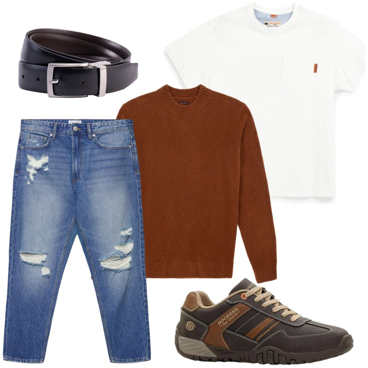 Outfit uomo - Look stratificato. Stile Trendy per Tutti i giorni. Abbinamento con sneakers, jeans strappati, cinture, maglieria, t-shirt.