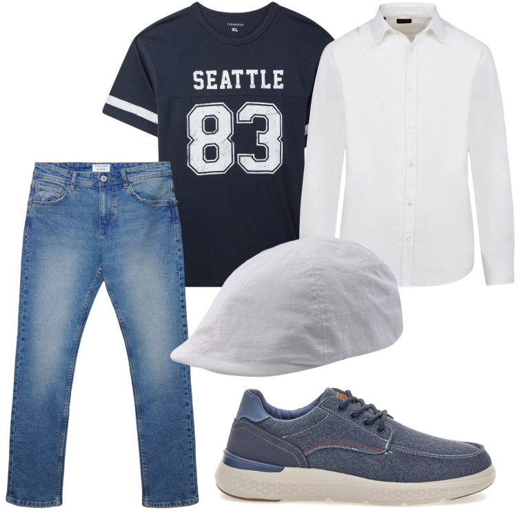 Outfit uomo - Carattere atletico. Stile Casual per Tutti i giorni. Abbinamento con t-shirt, jeans dritti, camicie, cappelli con visiera, sneakers.