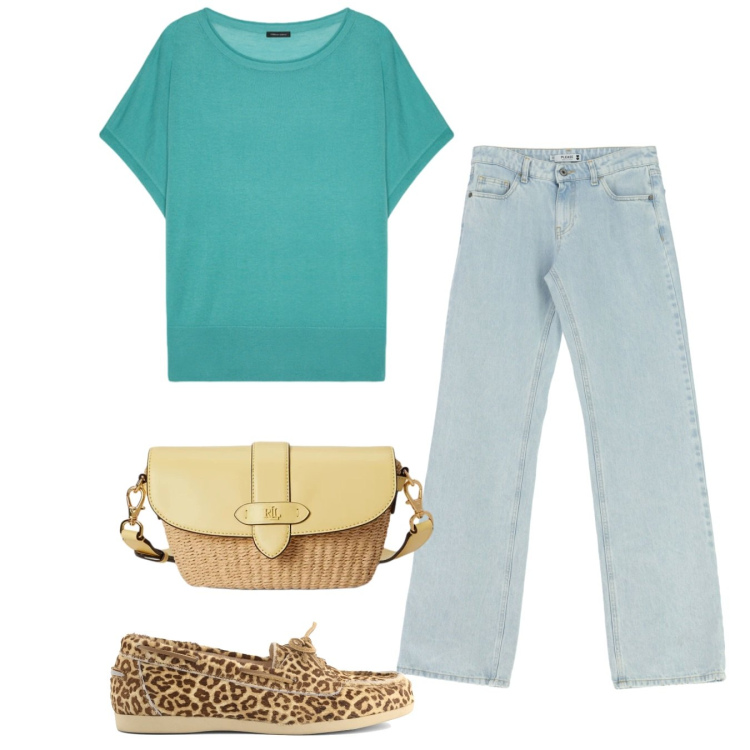 Outfit donna - Seafoam Blue. Stile Basic per Tutti i giorni. Abbinamento con jeans dritti, t-shirt, borse a tracolla, mocassini.
