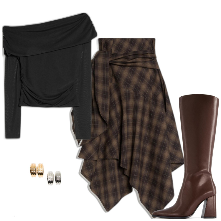 Outfit mujer - Bon Ton #2295. Estilo Bon Ton para Todos los días. Combinación con botas, falda longuette, camiseta, pendientes.