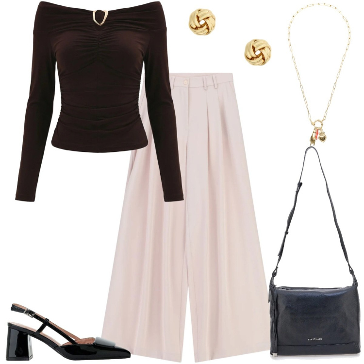 Outfit donna - Prime sere d\'estate. Stile Chic per Serata fuori. Abbinamento con bluse, décolleté, pantaloni a palazzo, ciondoli, orecchini, borse a tracolla.