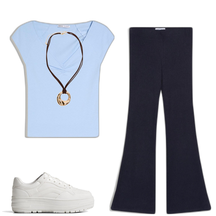 Outfit mujer - Casual chic #7724. Estilo Casual chic para Todos los días. Combinación con sneakers, camiseta, pantalones, colgantes.