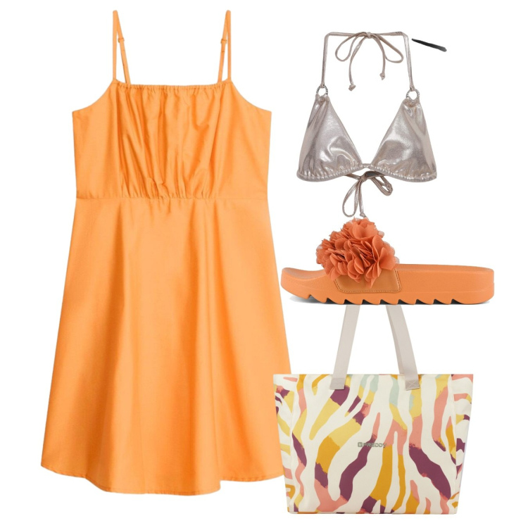 Outfit donna - Solleone. Stile Chic per Mare. Abbinamento con vestiti corti, bikini, shopping bag, ciabatte.