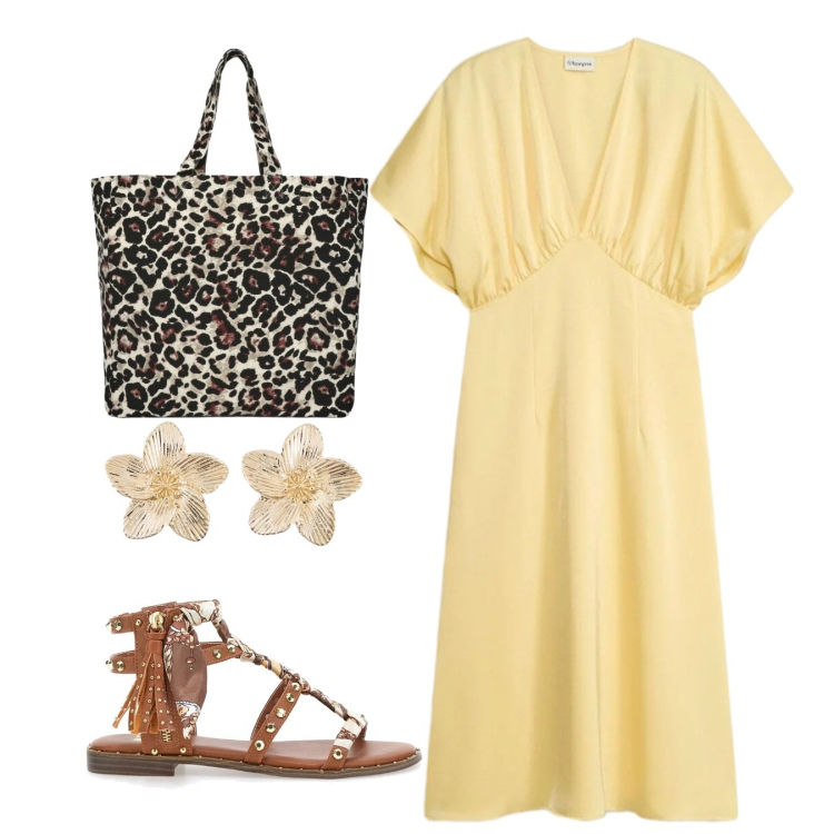 Outfit donna - Stile da vendere. Stile Chic per Tutti i giorni. Abbinamento con vestiti midi/longuette, orecchini, shopping bag, sandali.