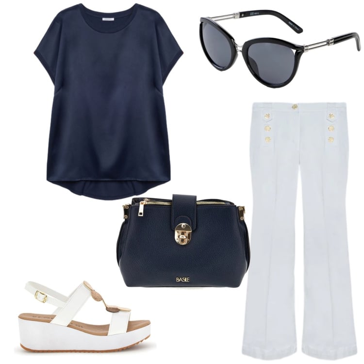 Outfit donna - Bianco e blu. Stile Casual chic per Tutti i giorni. Abbinamento con occhiali da sole, jeans, bluse, borse a tracolla, zeppe.