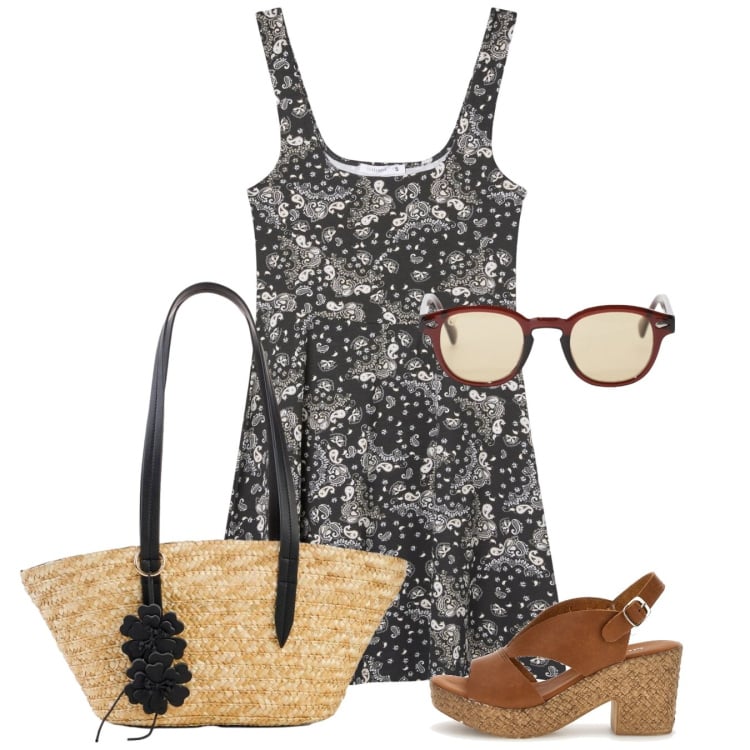 Outfit donna - Passeggiata bon ton. Stile Bon Ton per Tutti i giorni. Abbinamento con shopping bag, vestiti corti, occhiali da sole, sandali col tacco.
