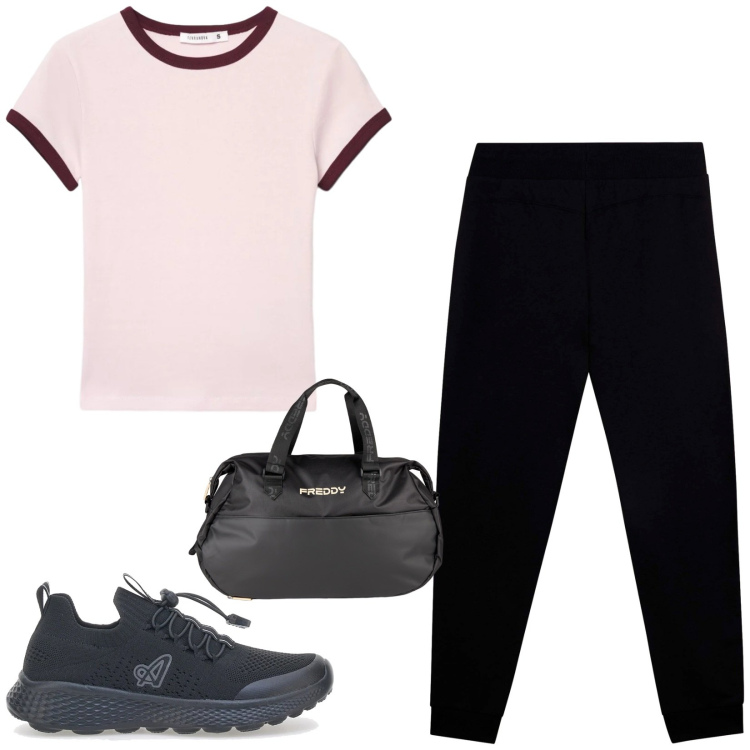 Outfit donna - Total look #2414323. Stile Sporty chic per Sport. Abbinamento con t-shirt, pantaloni, borse sportive, sneakers.