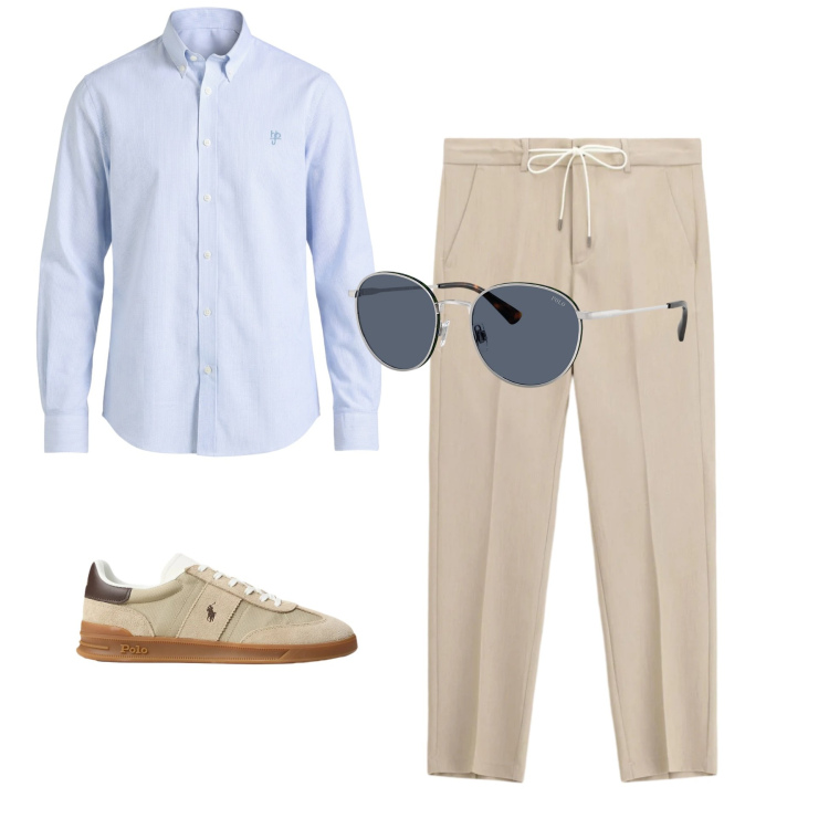 Outfit uomo - Eleganza Soft Beige. Stile Business/Elegante per Ufficio. Abbinamento con pantaloni, camicie, occhiali da sole, sneakers.