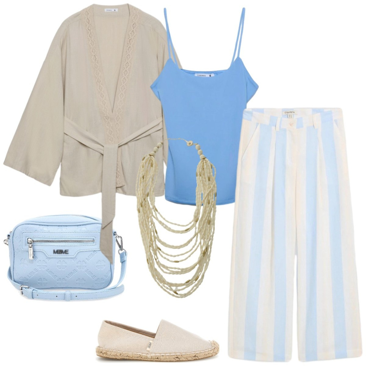 Outfit donna - Total look #2414326. Stile Casual per Tutti i giorni. Abbinamento con pantaloni a palazzo, kimono, canottiere, collane, borse a tracolla, espadrillas.
