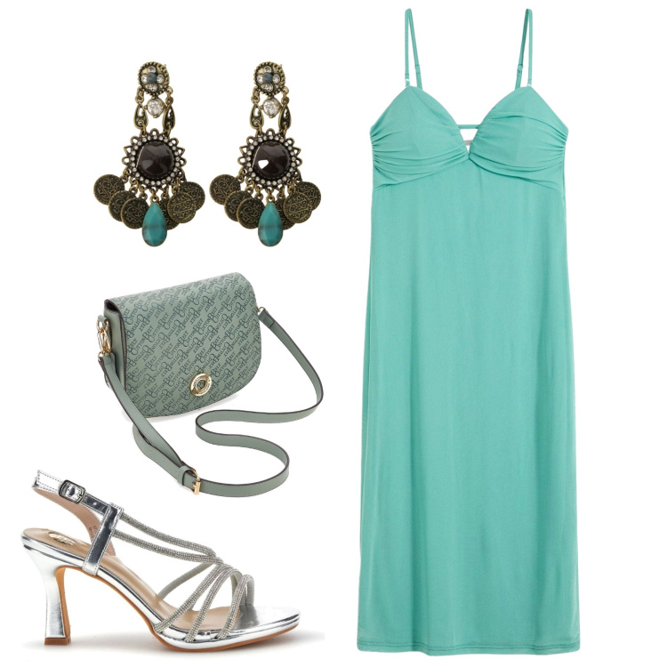 Outfit donna - Seafoam Blue. Stile Chic per Cerimonia. Abbinamento con vestiti lunghi, orecchini, borse a tracolla, sandali col tacco.