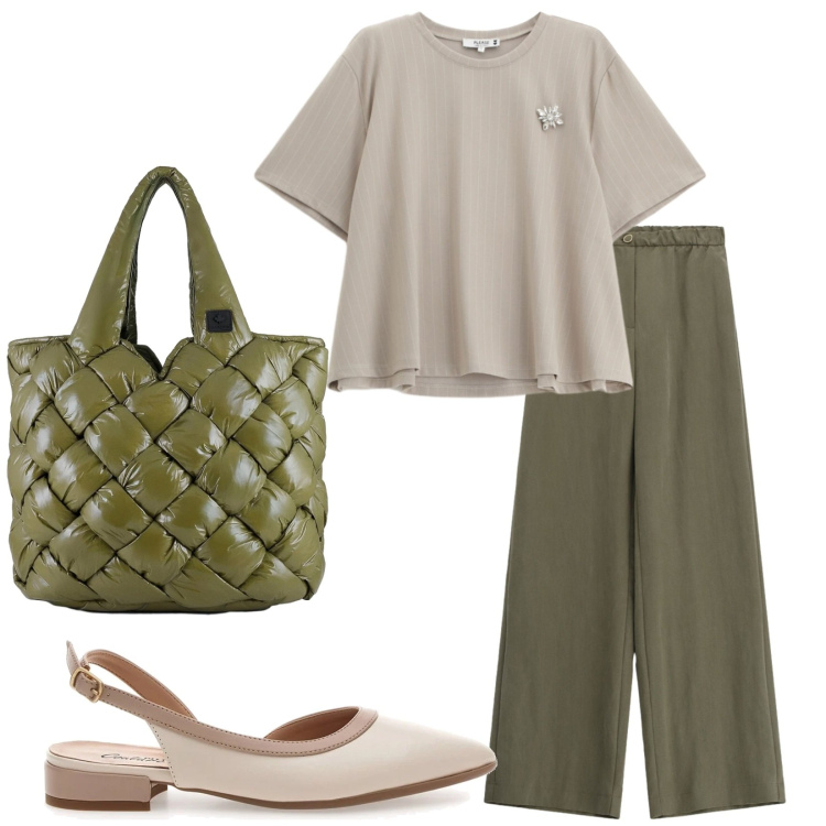 Outfit donna - Total look #2414329. Stile Casual chic per Tutti i giorni. Abbinamento con pantaloni a palazzo, t-shirt, borse tote, ballerine.