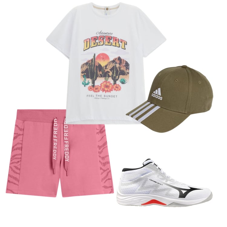 Outfit uomo - Pink Adventure Active. Stile Casual per Sport. Abbinamento con t-shirt, shorts, cappelli con visiera, sneakers.