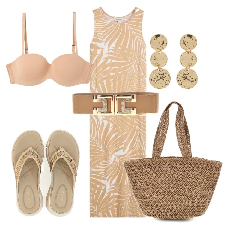 Outfit donna - Sabbia dorata. Stile Chic per Tutti i giorni. Abbinamento con vestiti, reggiseni, orecchini, cinture, borse a spalla, infradito.