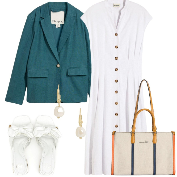 Outfit donna - Total look #2414335. Stile Casual chic per Tutti i giorni. Abbinamento con vestiti midi/longuette, blazer, borse tote, orecchini, ciabatte.