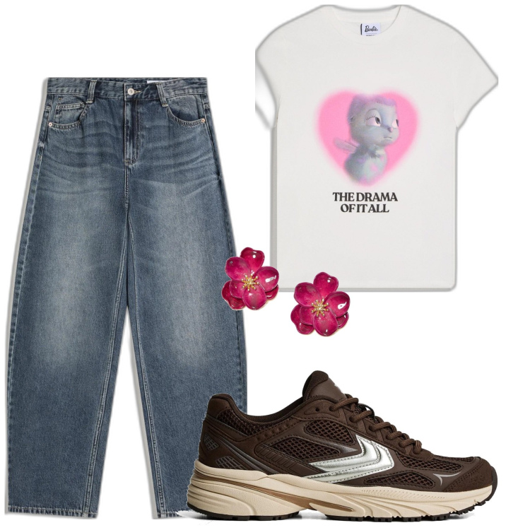 Outfit mujer - Casual chic #7729. Estilo Casual chic para Todos los días. Combinación con sneakers, camiseta, vaqueros, pendientes.