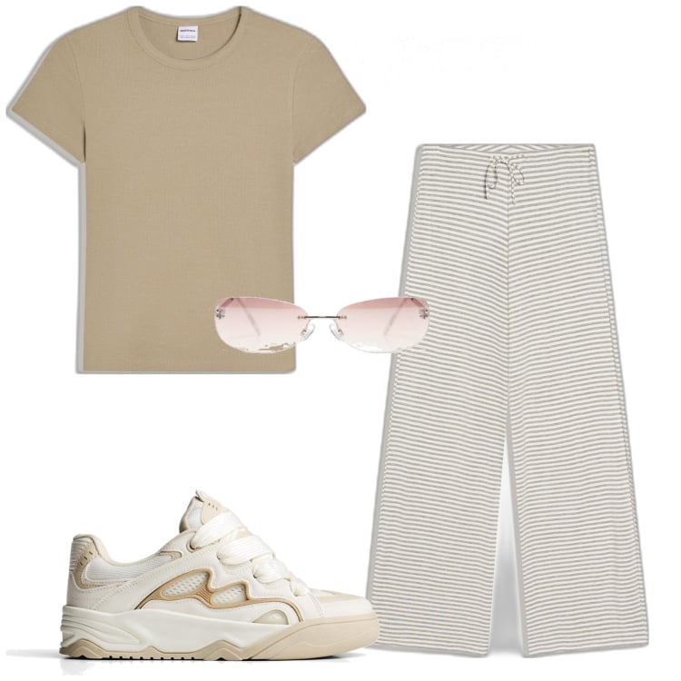 Outfit mujer - Casual chic #7730. Estilo Casual chic para Todos los días. Combinación con pantalones, sneakers, camiseta, gafas de sol.