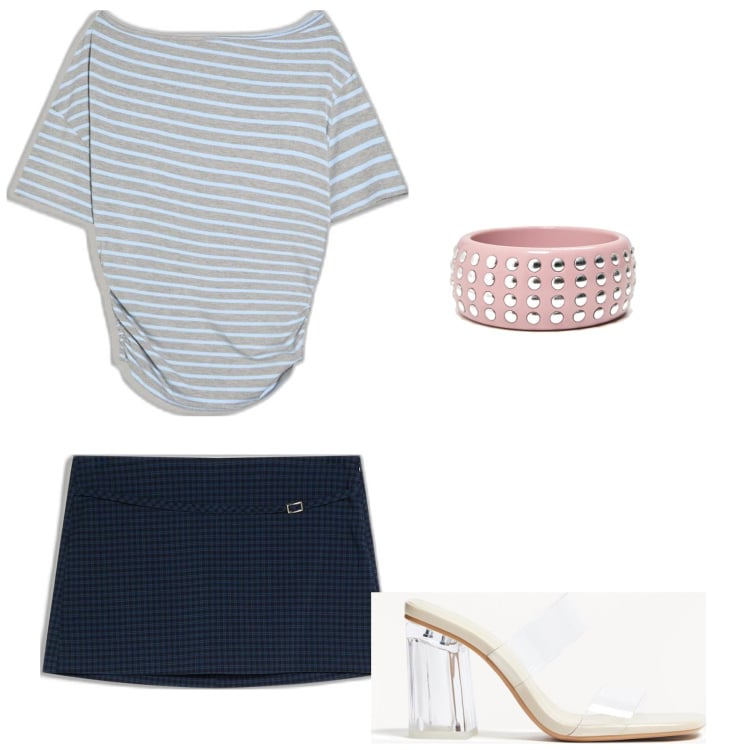 Outfit mujer - Casual chic #7731. Estilo Casual chic para Todos los días. Combinación con faldas, camiseta, sandalias de tacón, pulseras.
