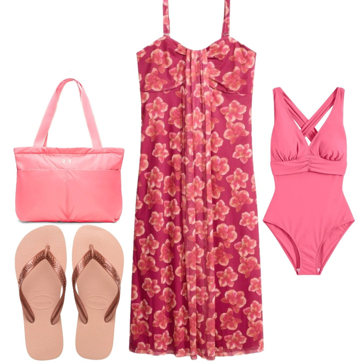 Outfit donna - Pink on the beach. Stile Chic per Mare. Abbinamento con vestiti lunghi, costumi interi, infradito, borse tote.