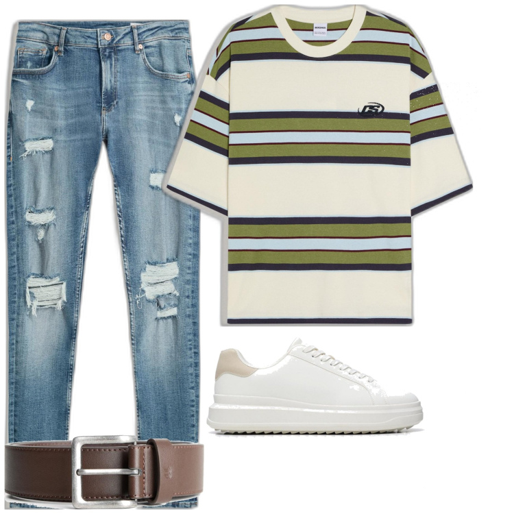 Outfit hombre - Casual #9510. Estilo Casual para Todos los días. Combinación con cinturones, vaqueros rotos, camiseta, sneakers.