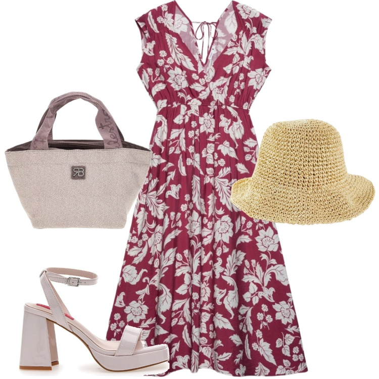 Outfit donna - Fiorita. Stile Romantica per Tutti i giorni. Abbinamento con cappelli, vestiti midi/longuette, sandali col tacco, borse a mano.