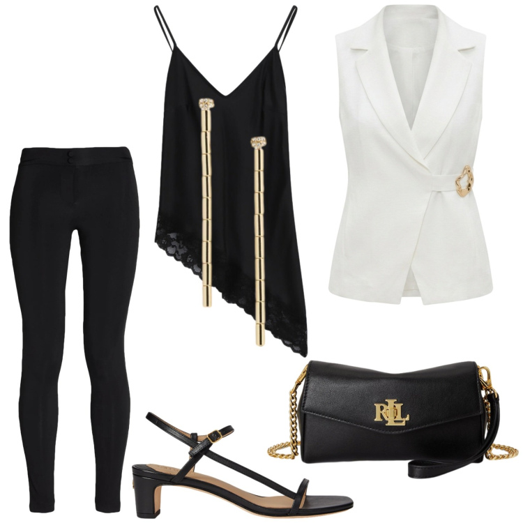 Outfit donna - Serata fuori. Stile Glamour per Serata fuori. Abbinamento con leggings, gilet, top, sandali in pelle, orecchini, portafogli.