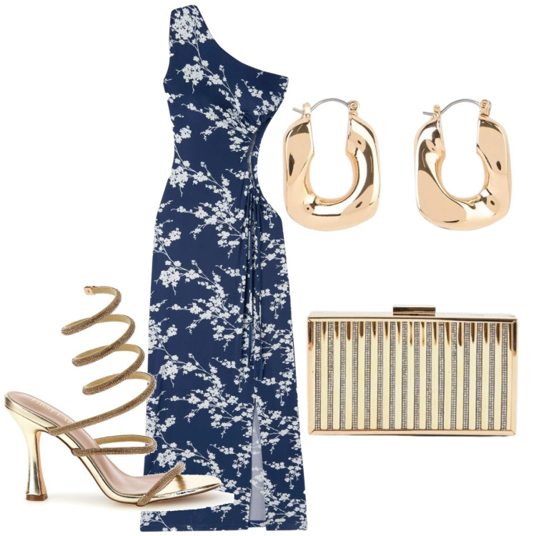Outfit donna - Monospalla cerimonia. Stile Chic per Cerimonia. Abbinamento con orecchini, vestiti asimmetrici, clutch, sandali col tacco.