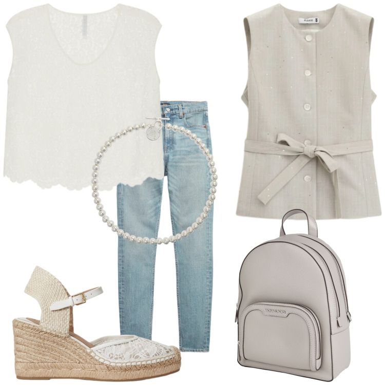 Outfit donna - Total look #2414361. Stile Casual chic per Tutti i giorni. Abbinamento con zaini, top, gilet, espadrillas, collane, jeans slim fit.