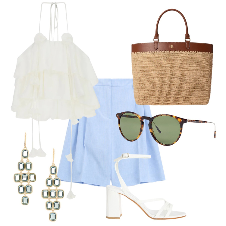 Outfit donna - Ispirazione mare. Stile Casual chic per Mare. Abbinamento con bermuda, top, sandali in pelle, orecchini, occhiali da sole, borse tote.
