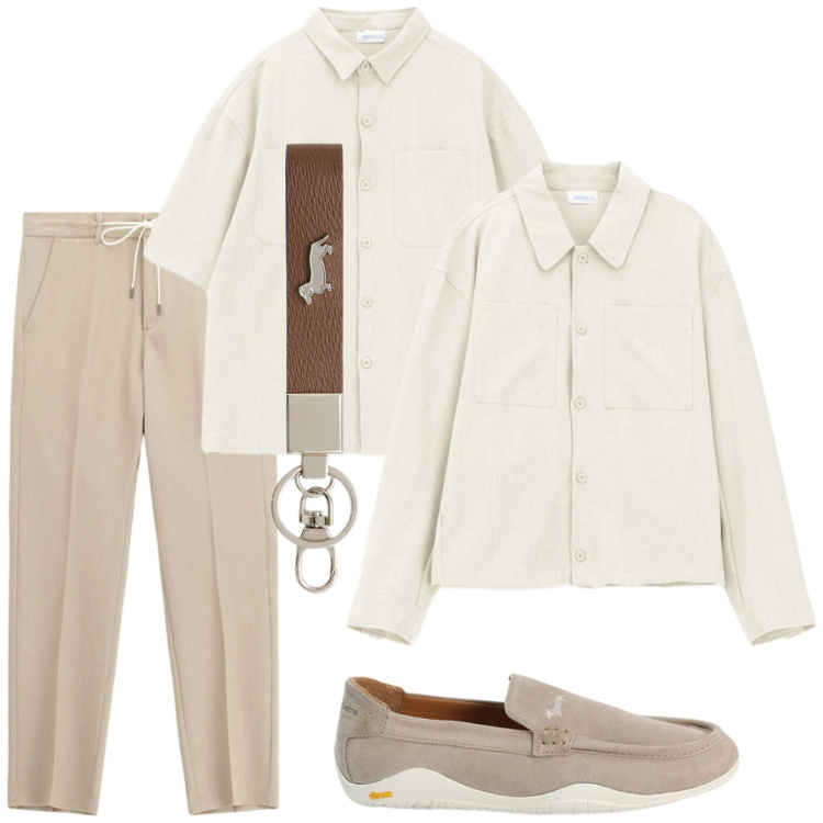 Outfit uomo - Neutri. Stile Trendy per Tutti i giorni. Abbinamento con pantaloni, camicie, camicie a manica corta, portachiavi, scarpe stringate.