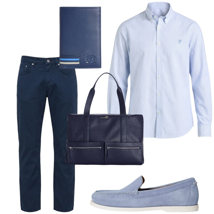 Outfit uomo - Blu. Stile Casual per Tutti i giorni. Abbinamento con portafogli, borse sportive, pantaloni, camicie, scarpe stringate.
