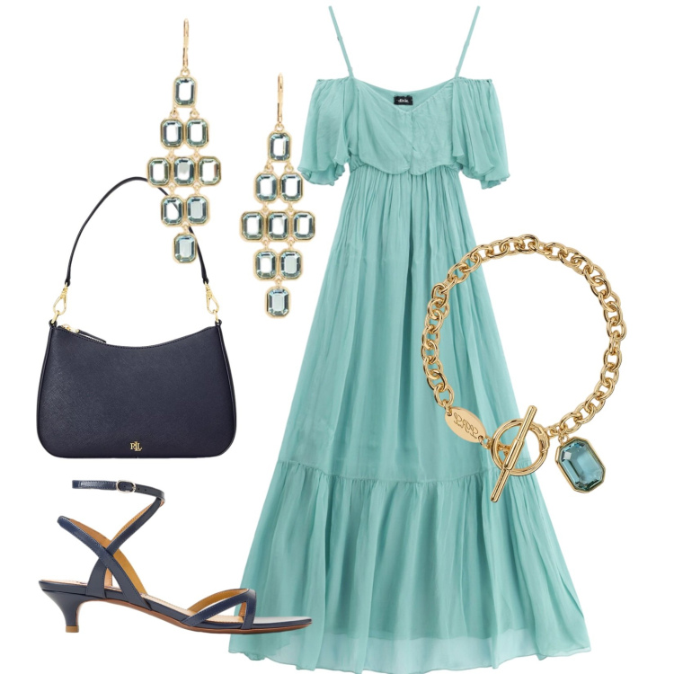 Outfit donna - Leggera seafoam blu. Stile Chic per Serata fuori. Abbinamento con vestiti lunghi, borse a spalla, sandali col tacco, orecchini, braccialetti.