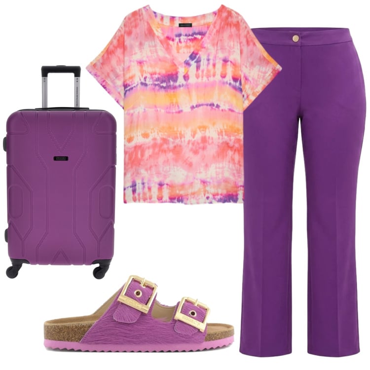 Outfit donna - Total look #2414371. Stile Basic per Tutti i giorni. Abbinamento con pantaloni, bluse, sandali in pelle, valigie.