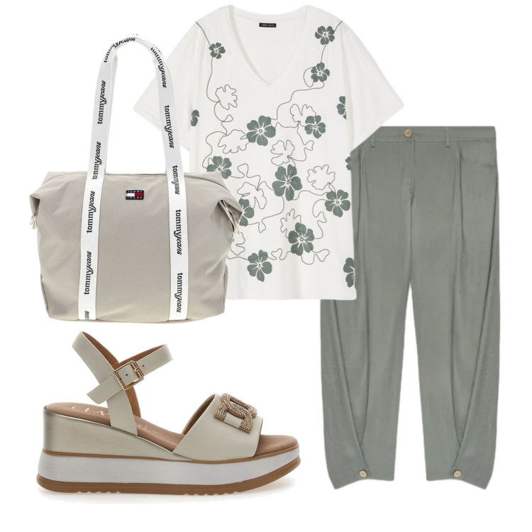 Outfit donna - Total look #2414372. Stile Basic per Tutti i giorni. Abbinamento con pantaloni, t-shirt, sandali col tacco, shopping bag.