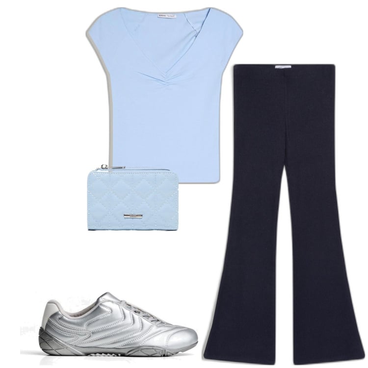 Outfit mujer - Basic look. Estilo Basic para Todos los días. Combinación con pantalones, sneakers, camiseta, monederos.